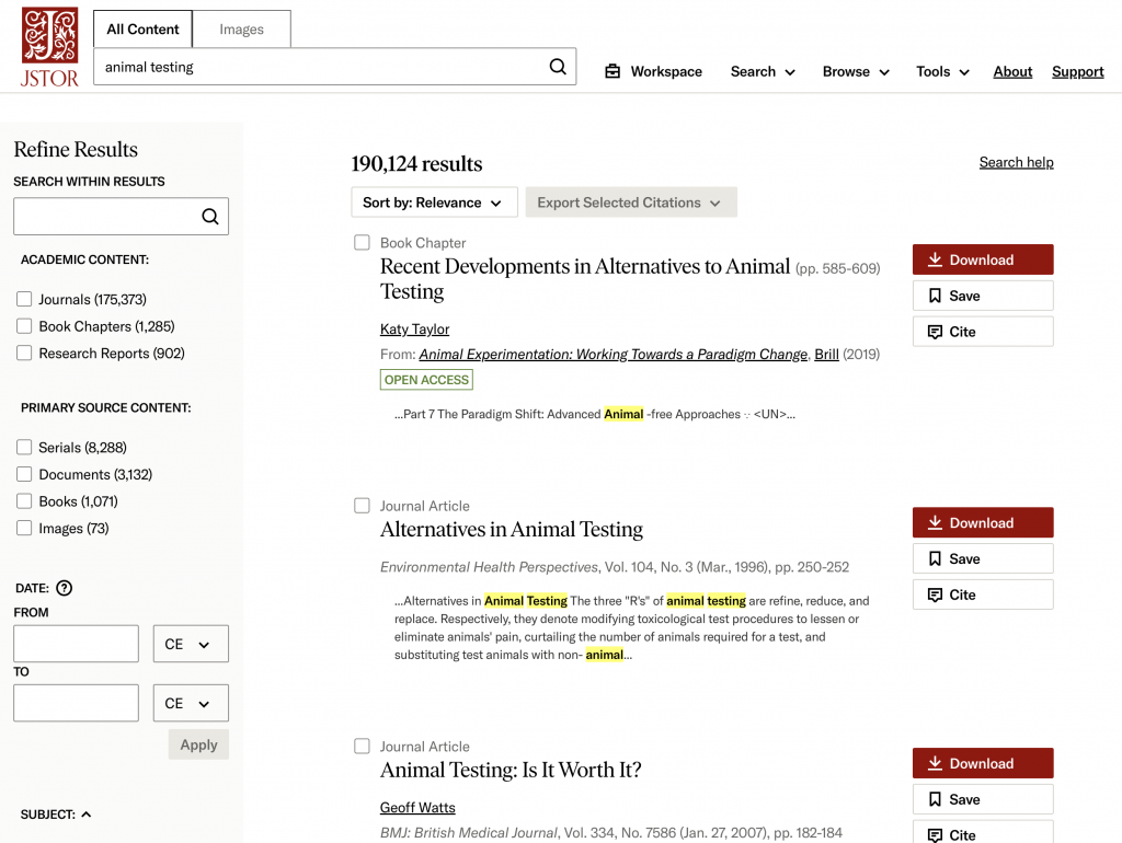 Example of a search on JSTOR