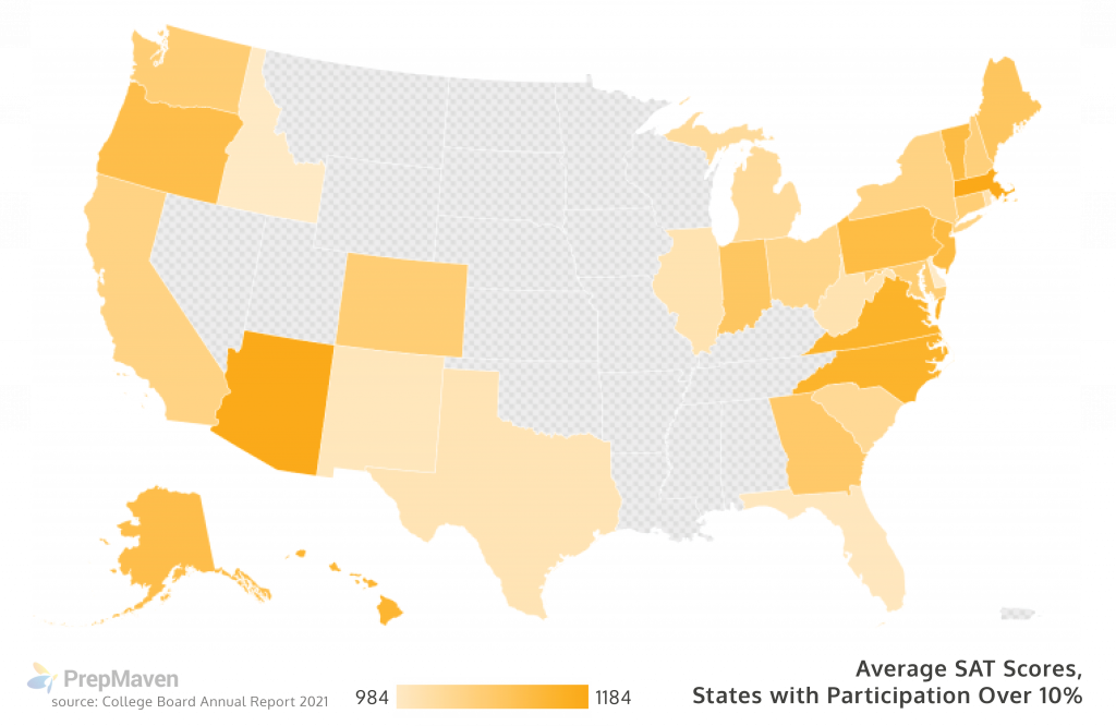 map of average SAT scores by state, states with participation rates over 10%