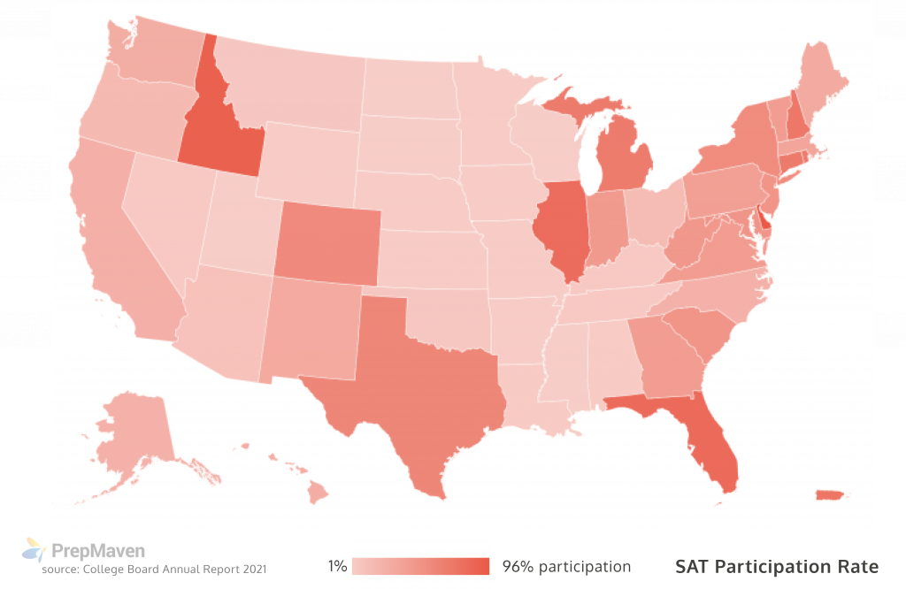 map of SAT participation rates by state